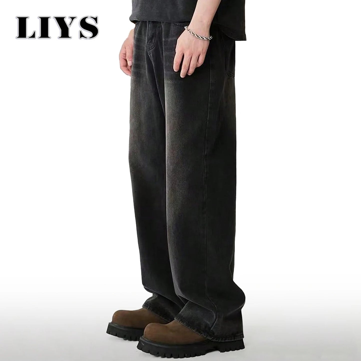 Jean quatre saisons pour hommes Version coréenne étudiant pantalons décontractés haute rue droit ample jambe large Jean noir gris bleu Baggy Jean
