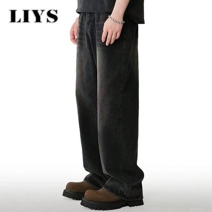 Jean quatre saisons pour hommes Version coréenne étudiant pantalons décontractés haute rue droit ample jambe large Jean noir gris bleu Baggy Jean