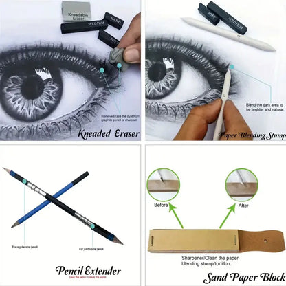 Ensemble de crayons de croquis professionnels 35 pièces avec bâtons de carbone et un sac de rangement portable noir, adapté aux débutants en peindre.