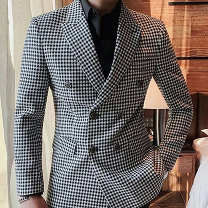 Costumes à carreaux à double boutonnage pour hommes, coupe couvertes, carreaux pied-de-poule, smoking de marié de mariage, olympiques de mode, veste et pantalon, 2024, 2 pièces