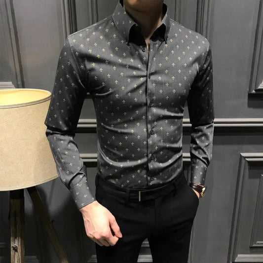 Chemises Slim à manches longues pour hommes, chemise imprimée à la mode, chemise décontractée, affaires, sans repassage, anti-rides, printemps, automne, nouveau