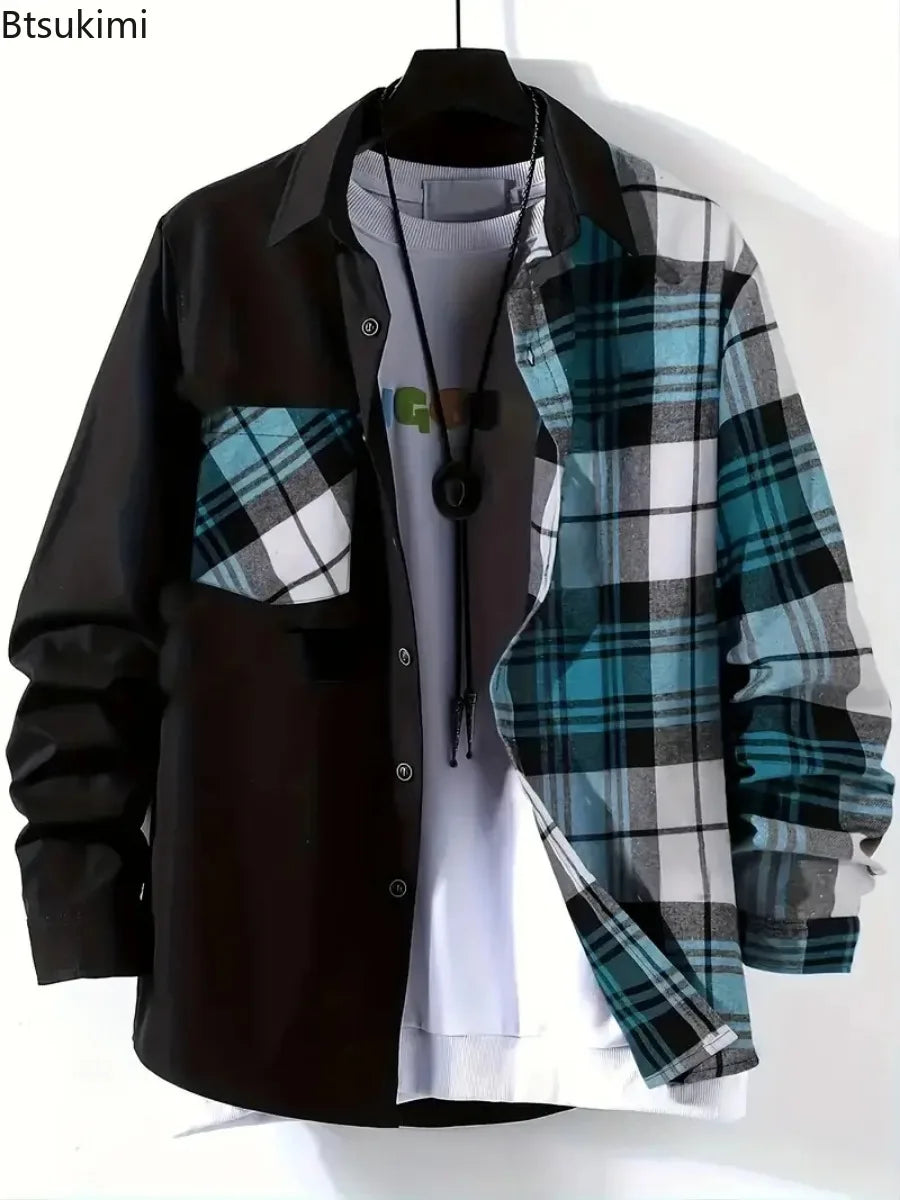 2025Men's printemps automne décontracté à manches longues chemise mode Patchwork Plaid conception simple boutonnage chemise manteaux confortable Cardigan