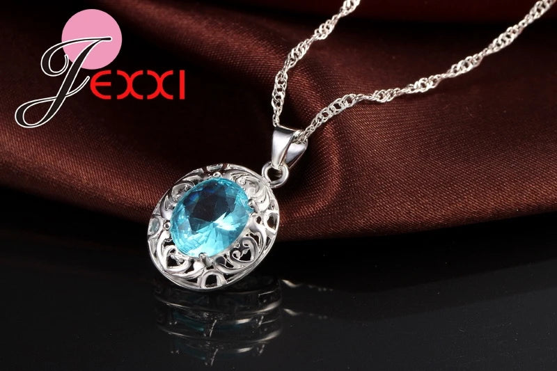 Bijoux de mariage de qualité supérieure pour mariée 925 en argent Sterling bleu cristal Zircon boucles d'oreilles + bague + collier ensembles de bijoux de mariée