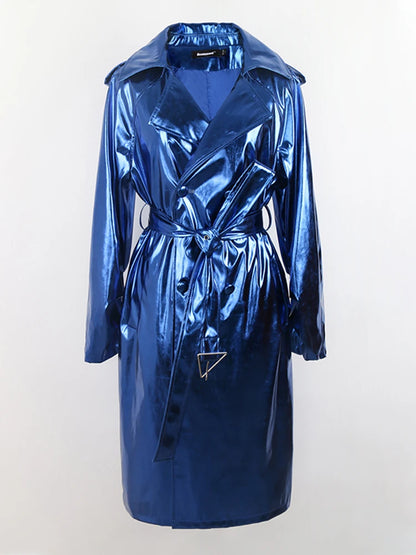 Nerazzurri-Manteau Long en Cuir PU pour Femme, Manteau Cool et Beau, Bleu Brcorporelle, Moulé, Verni, Ceinture, Mode Européenne, Printemps et Automne
