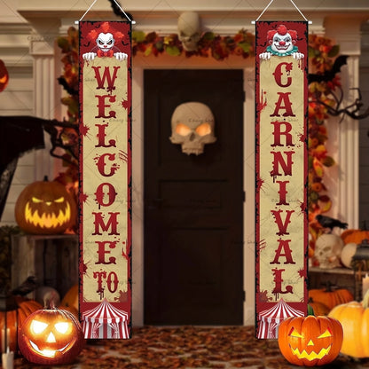 Décorations d'Halloween Effrayant, Porche de Carnaval, "Bienvenue au Carnaval", Design Éclaboussures Sanglantes, Ensemble de Bannières de Clown du Mal LYus