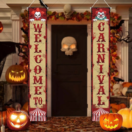 Décorations d'Halloween Effrayant, Porche de Carnaval, "Bienvenue au Carnaval", Design Éclaboussures Sanglantes, Ensemble de Bannières de Clown du Mal LYus