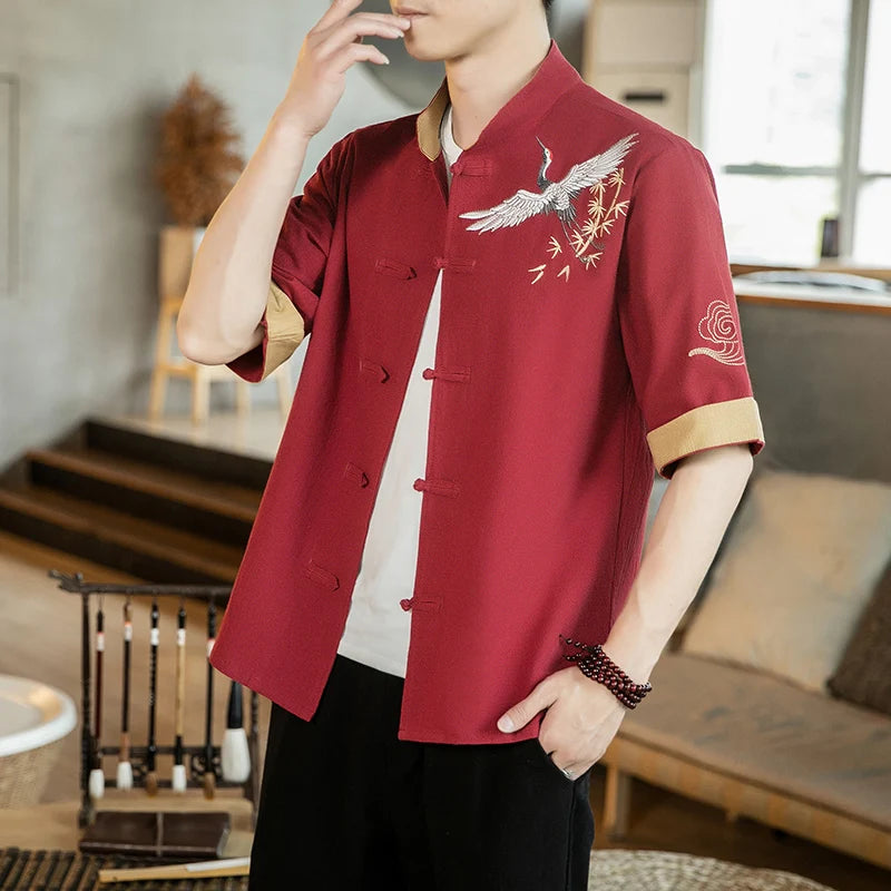 Cardigan en lin à col montant brodé pour hommes, haut décontracté, manches courtes, style chinois, grue, chapelle Kungfu Tai, Tang imbibé, nouveau