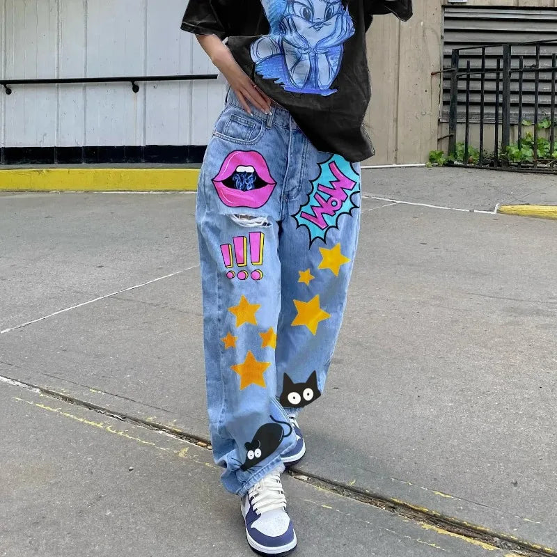 Jean Denim Imprimé Coeur pour Femme, Denim Découpé, Vêtements Danemark die, Streetwear, Taille Haute, Pantalon Baggy, Bleu, Y2k, Harajuku, Mode