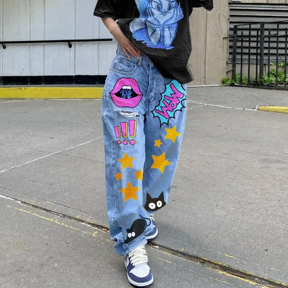 Jean Denim Imprimé Coeur pour Femme, Denim Découpé, Vêtements Danemark die, Streetwear, Taille Haute, Pantalon Baggy, Bleu, Y2k, Harajuku, Mode
