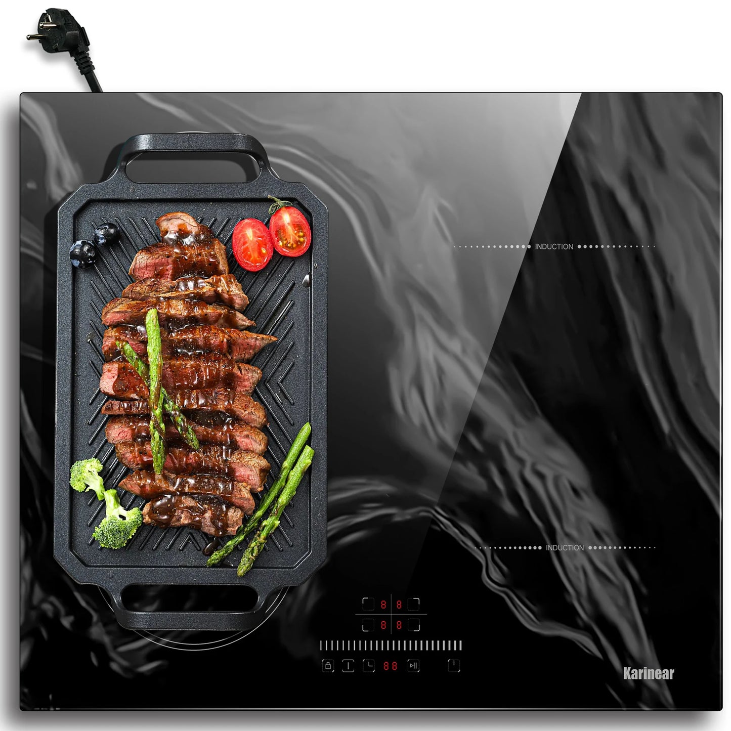 Karinear Plaque Induction 4 Feux Encastrable avec Prise, 3500W, Plaque de Cuisson Electrique avec Marbrure, Flexizone, Commande Tactile, Minuterie, 220-240V