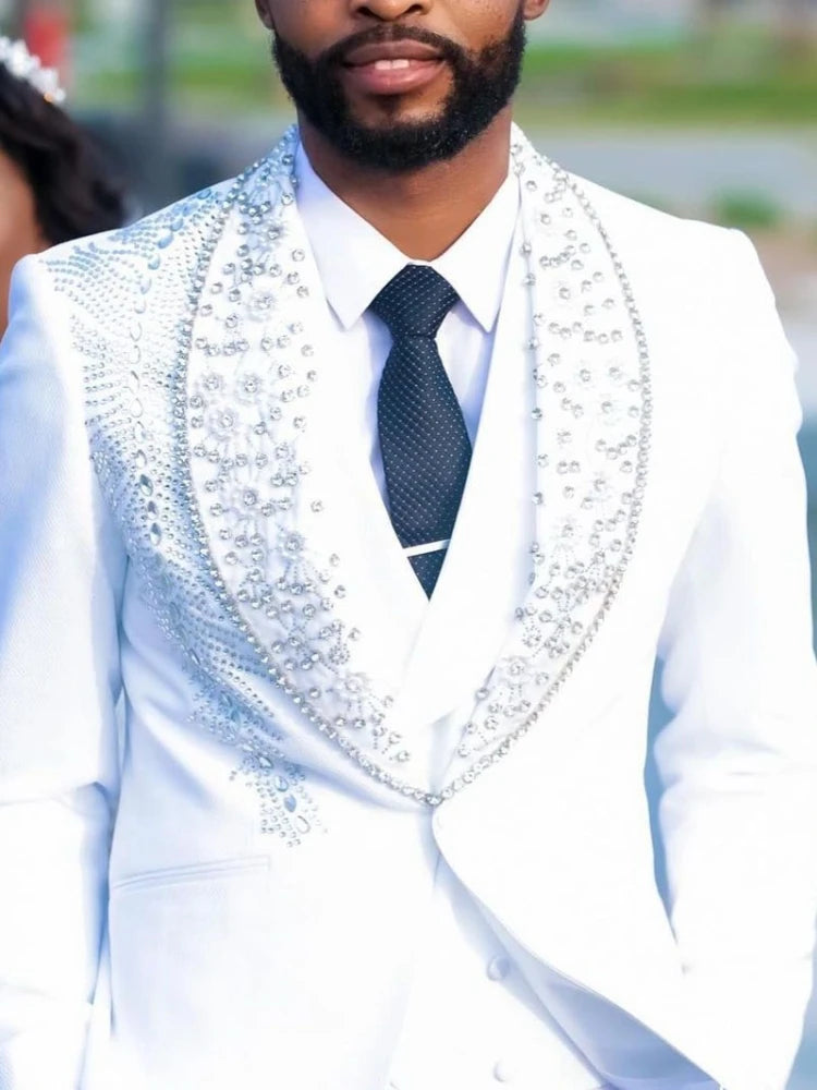 Costume 3 Pièces de Luxe pour Homme, Blazer Glacé, un Bouton, Revers Large, Perles de Bal Formelles, Diamants, Marié de Mariage, Grande Taille sur Mesure