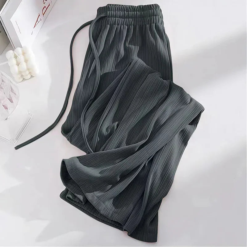Pantalon droit en soie glacée pour femme, mode, taille haute, jambes larges, couleur unie, sensation d'affaissement, Baggy, décontracté, été