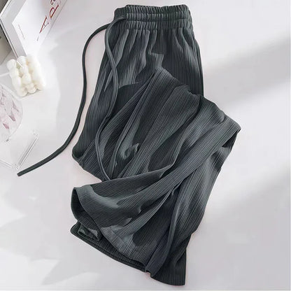 Pantalon droit en soie glacée pour femme, mode, taille haute, jambes larges, couleur unie, sensation d'affaissement, Baggy, décontracté, été