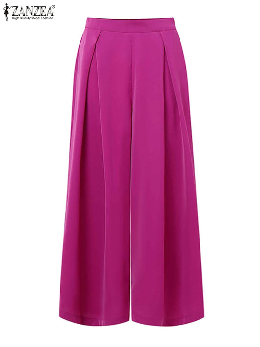 ZANZEA 2025 Pantalon d'été femmes taille haute Baggy Pantalon élégant travail OL Pantalon solide Long Palazzo élégant ample jambe large Pantalon