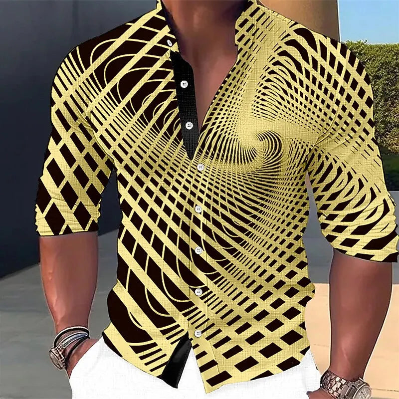 Chemise à boutons à motif géométrique pour hommes, manches longues, mode rue, extérieur, décontracté, quotidien, été, printemps et automne, col montant imprimé