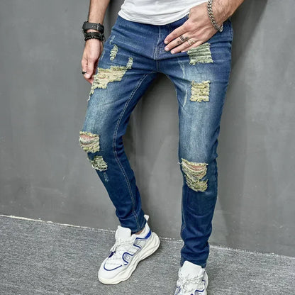 Jean slim déchiré personnalisé pour hommes, nouveau Style, couleur unie, extensible, petit pied, Streetwear, pantalon en Denim pour moto, 2024
