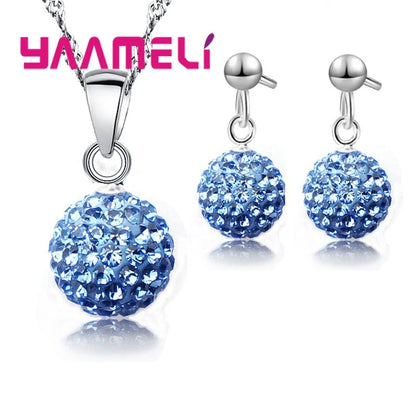 Ensembles de bijoux en argent regardé 925 pour femmes et filles, cadeaux de mariage, cristal autrichien pavé, collier boule CZ Chang, boucles d'oreilles créoles, patients