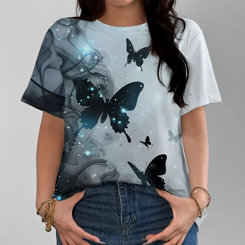 Mystérieuse Starlight rêveur papillon brillant T-shirt femme décontracté ample confortable gris manches courtes