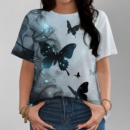 Mystérieuse Starlight rêveur papillon brillant T-shirt femme décontracté ample confortable gris manches courtes