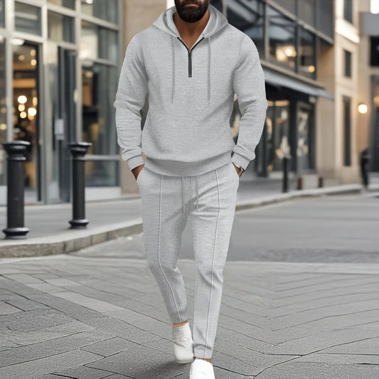 2025 nouveau printemps et automne hommes décontracté gaufre couleur unie petite fermeture éclair à capuche à manches longues paire pantalon deux hommes costume