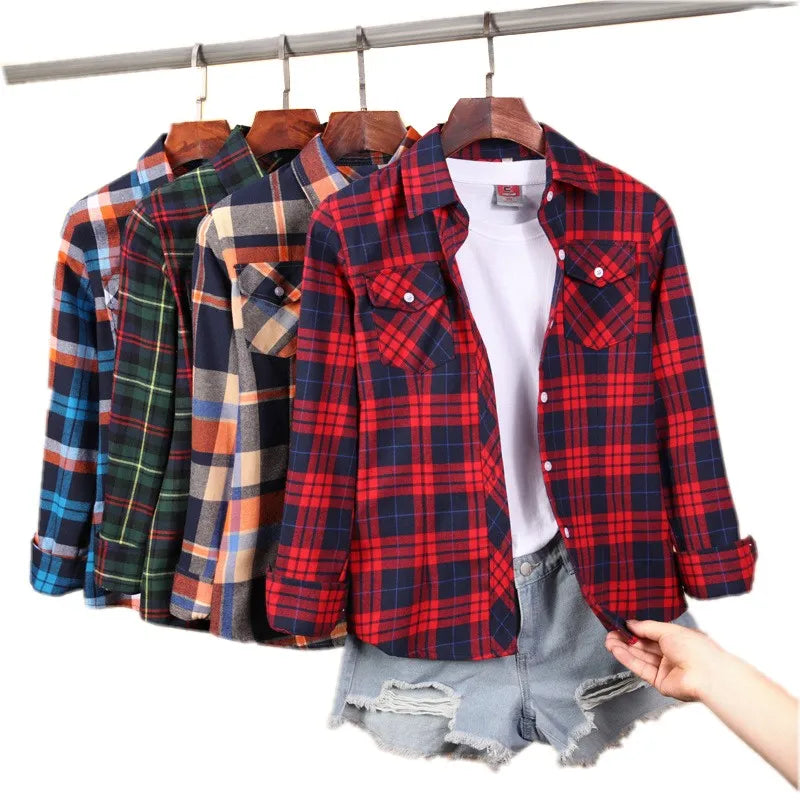 Nouvelles chemises à carreaux pour femmes M-5XL chemisier en coton pour femmes à manches longues chemise à carreaux Slim col rabattu chemisiers pour femmes chemises