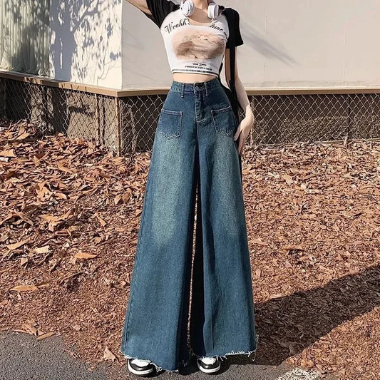 Pantalon vintage taille haute à jambes super larges pour femme, jean baggy droit, polyvalent, mode, édition coréenne, nouveau style