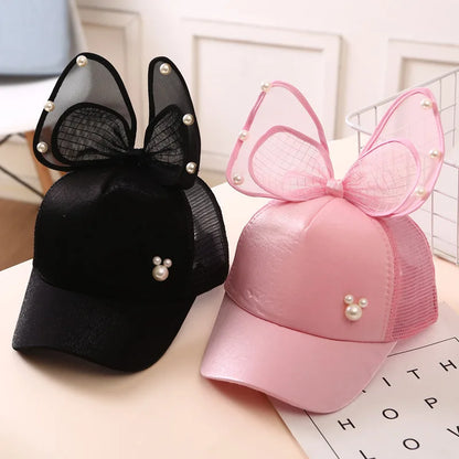 Casquette de baseball avec nœud papillon doux pour filles, grande maille, casquette à visière pour bébé, coton réglable, chapeaux de soleil pour tout-petits, été