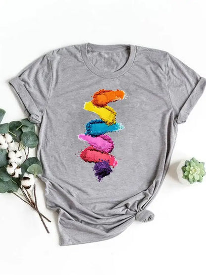 T-shirt manches courtes pour femmes, vêtement basique, haut d'été, maquillage rayé, joli et mignon, imprimé, à la mode, graphique
