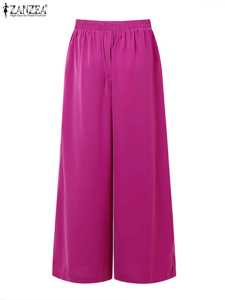 ZANZEA 2025 Pantalon d'été femmes taille haute Baggy Pantalon élégant travail OL Pantalon solide Long Palazzo élégant ample jambe large Pantalon