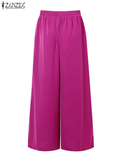 ZANZEA 2025 Pantalon d'été femmes taille haute Baggy Pantalon élégant travail OL Pantalon solide Long Palazzo élégant ample jambe large Pantalon