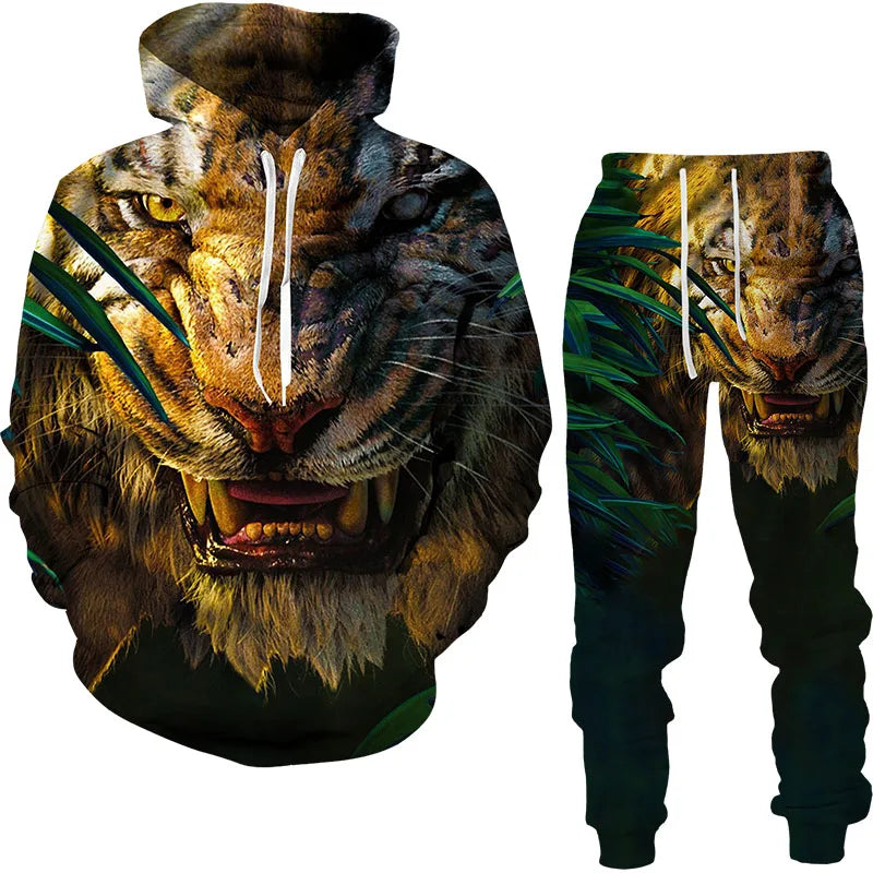 Ensemble de survêtement imprimé tigre animal 3D pour hommes, sweat à capuche et pantalon décontractés, streetwear à la mode, vêtements trempés, automne, hiver, 2 pièces