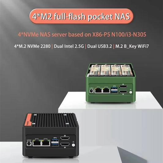Mini PC Intel 3 Nlix N305 N150 N100 DDR5 2.5 2xUSv1.2 2xHDMI2.0, 4xM.2 NVMe Slot, Pare-feu, Ordinateur NAS de poche 2xi226 V 4800G, Nouveau