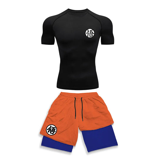 Chemise de Compression + short de gymnastique 2 pièces entraînement été Anime imprimé ensemble de Compression de gymnastique course Sport Fitness costume pour hommes vêtements de Sport