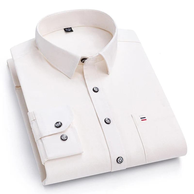 Nouveau 100% pur coton hommes chemises manches longues couleur unie doux coupe régulière chemise décontractée poche Social Blouse hommes vêtements S-7XL