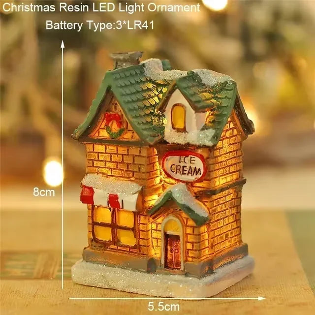 Maison LED de noël, aiguilles de pin, bonhomme de neige de noël, décoration lumineuse en résine, boutique de père noël, Micro ornements de paysage