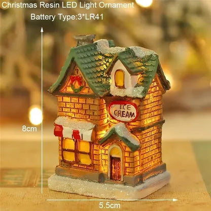 Maison LED de noël, aiguilles de pin, bonhomme de neige de noël, décoration lumineuse en résine, boutique de père noël, Micro ornements de paysage