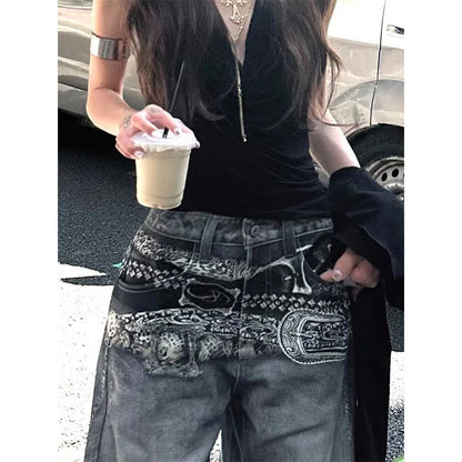 Pantalon en jean imprimé taille haute pour femmes, Vintage américain Hip-hop, Baggy décontracté Y2K, jambes larges, Style Streetwear Grunge, pantalon en Denim