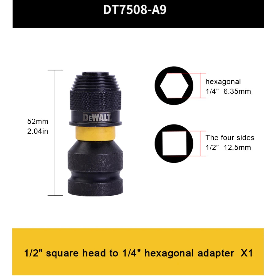 DEWALT adaptateur de clé à chocs DT7508-QZ 1/4 "hex à 1/2" accessoires d'outils carrés jeu de clés à cliquet convertisseur d'entraînement DT7508-A9