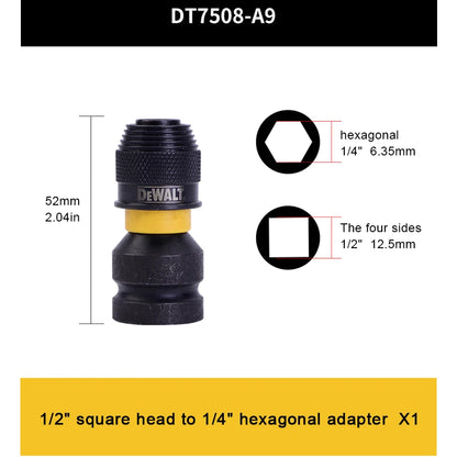 DEWALT adaptateur de clé à chocs DT7508-QZ 1/4 "hex à 1/2" accessoires d'outils carrés jeu de clés à cliquet convertisseur d'entraînement DT7508-A9