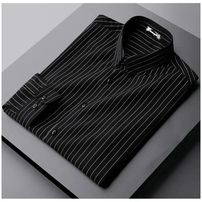 Chemise polyvalente à manches longues pour hommes, robe d'affaires décontractée, sans fer, col polo, rayure, mode coréenne, printemps et automne, nouveau, 2023