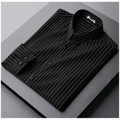 Chemise polyvalente à manches longues pour hommes, robe d'affaires décontractée, sans fer, col polo, rayure, mode coréenne, printemps et automne, nouveau, 2023