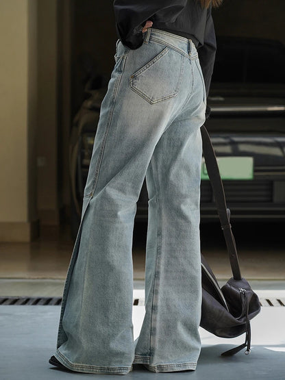 [EAM] taille haute bleu Denim fente irrégulière Vintage Long Flare jean nouvelles femmes pantalons mode marée printemps automne 2025 1DJ2961
