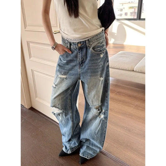 Jean bleu taille haute à trous multiples pour femmes, pantalon à jambes larges, pantalon américain Cool Girl, bas décontracté, survêtement féminin