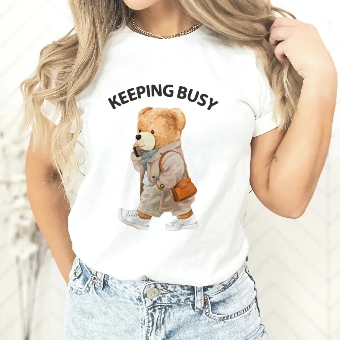 T-shirt imprimé ours en peluche pour femme, haut décontracté à col rond, t-shirts graphiques, vêtements d'été sympas