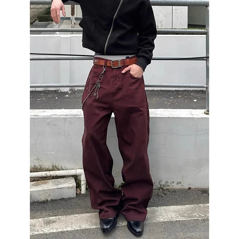 Jean Baggy rouge foncé pour hommes, pantalon de Cowboy Vintage, Harajuku, Streetwear esthétique, pantalon en Denim, vêtements de Style Y2k des années 2000, 2025