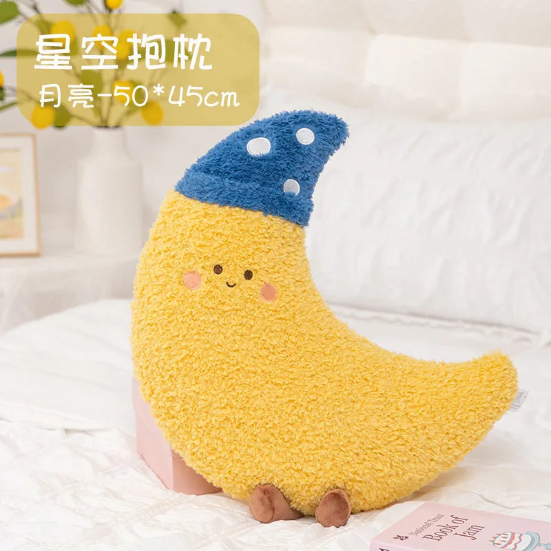 Oreiller ciel étoilé doux, mignon arc-en-ciel, lune, étoile, en peluche, créatif, nuage de soleil, coussin compagnon de sommeil, décoration de maison