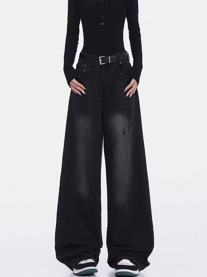 Jean noir à jambes larges pour femmes, tenue quotidienne, pantalon Vintage, bas Cool pour filles, pantalon Baggy taille haute, été