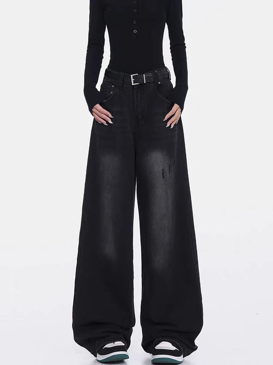 Jean noir à jambes larges pour femmes, tenue quotidienne, pantalon Vintage, bas Cool pour filles, pantalon Baggy taille haute, été