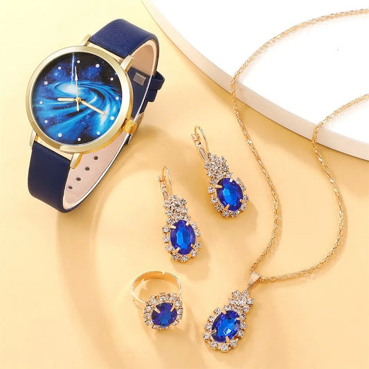 Montre à cadran ciel étoilé pour femme, design de marque, horloge, bracelet en cuir bleu, ensemble de 5 pièces