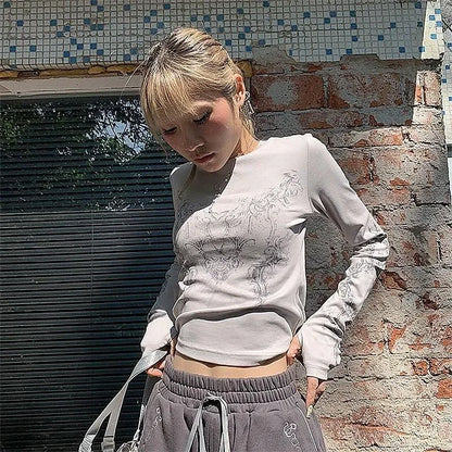 T-shirt à manches longues pour femmes, haut patchwork sexy, t-shirts col rond, tunique imprimée à manches longues, t-shirt streetwear